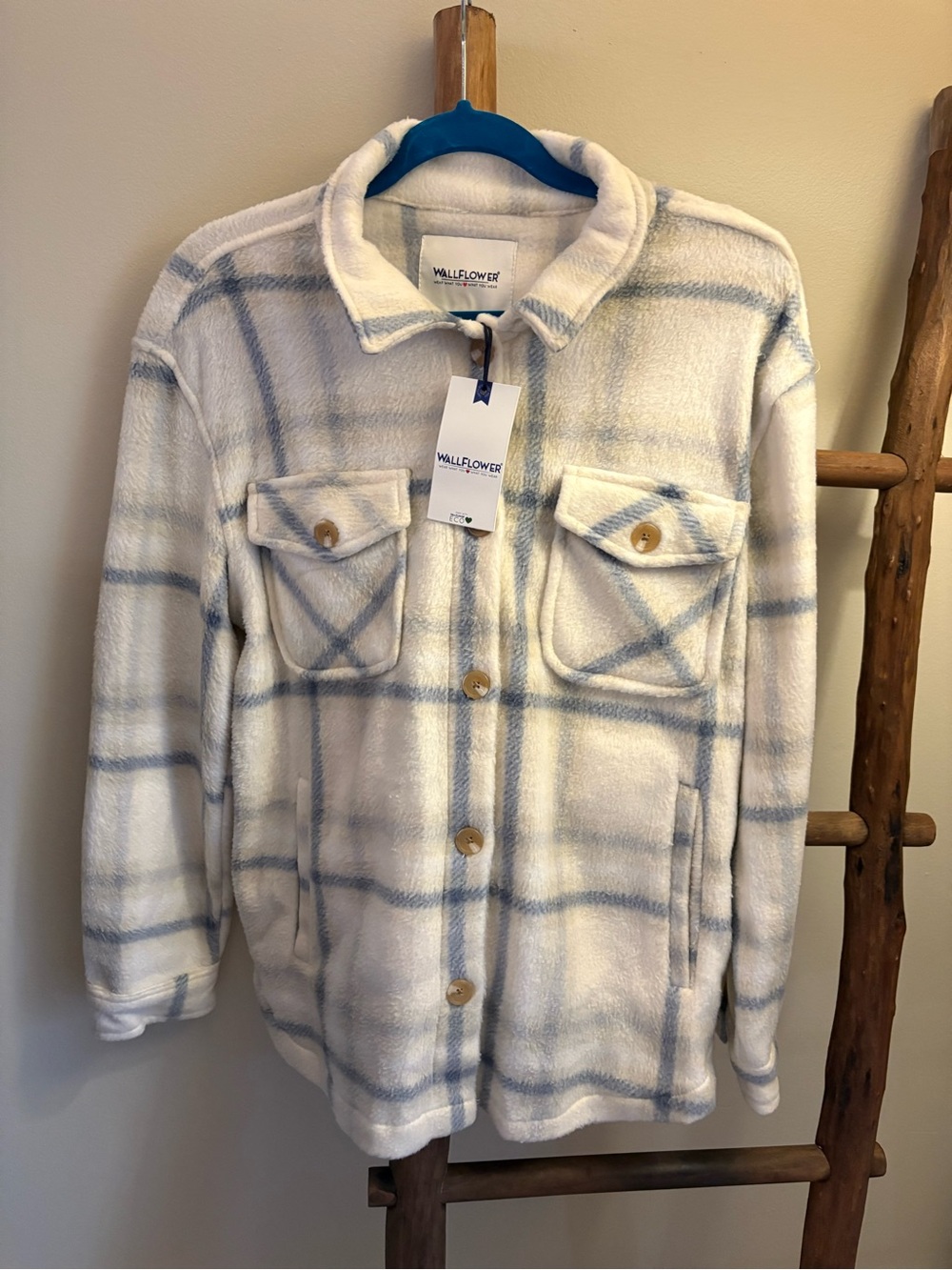 Wallflower Cream and Light Blue Plaid Fleece Shacket NEW